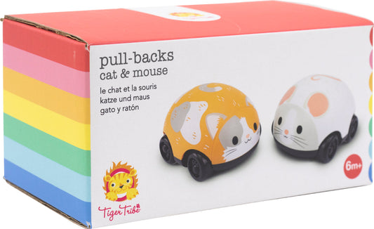 Pull-backs - Cat and Mouse-Toys-Tiger Tribe-Great for building gross motor skills in babies and toddlers learning to crawl or walk, Cat and Mouse have smooth curves, a compact size and are supremely chase-able! They are also great at encouraging visual tracking skills in babies.Includes:1x Cat pull-back toy1x Mouse pull-back toyPackaged in boxSuitable for ages 6 months +-Kidz Toys