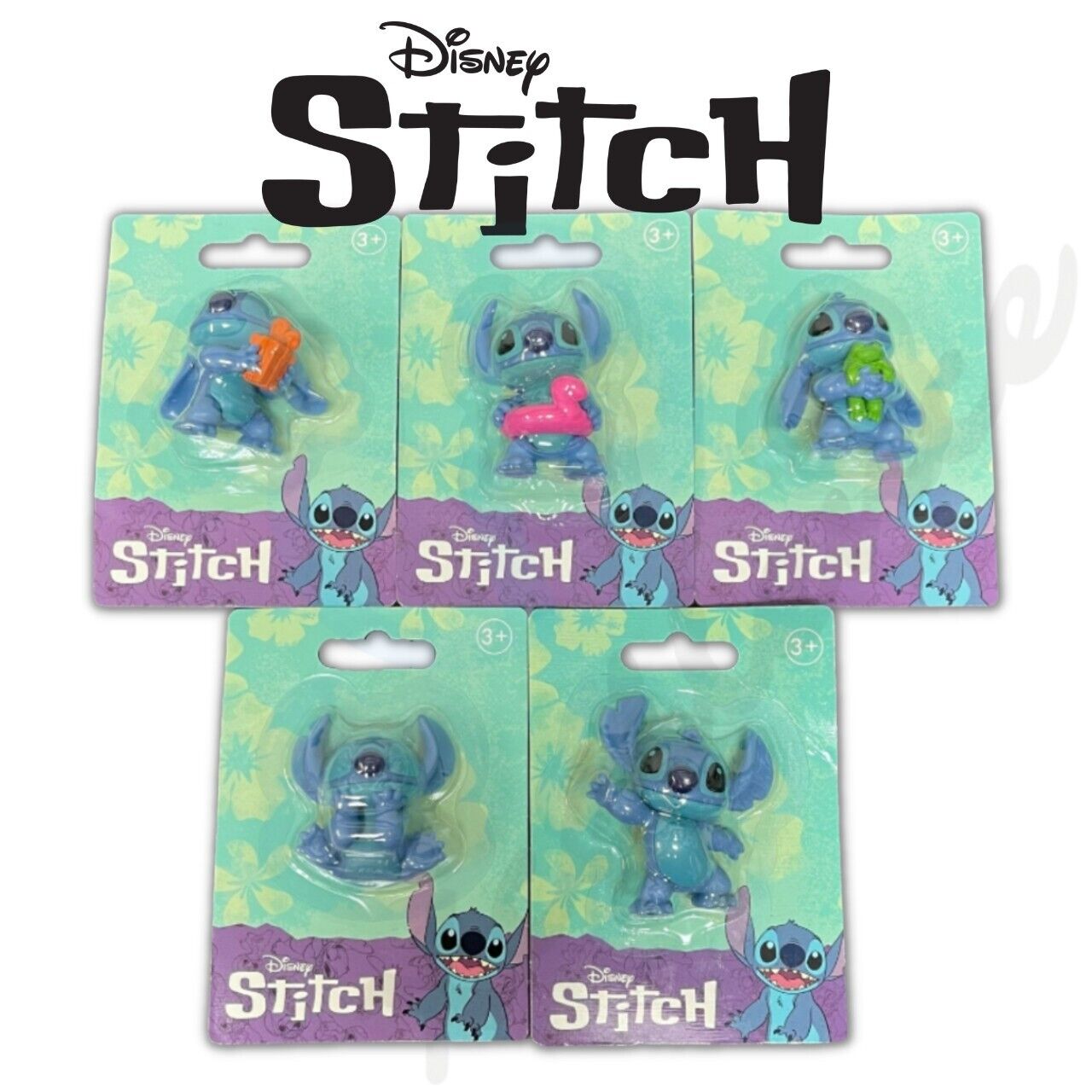 Assortment of six Disney Stitch vinyl figures in packaging, each with a unique outfit and accessory.