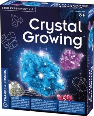 Packaging of the Thames & Kosmos Crystal Growing STEM Experiment Kit featuring images of grown crystals and text detailing the product information.