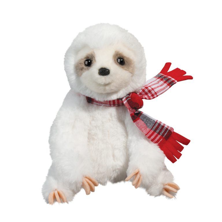 White Douglas sloth with plaid winter red scarf accessory