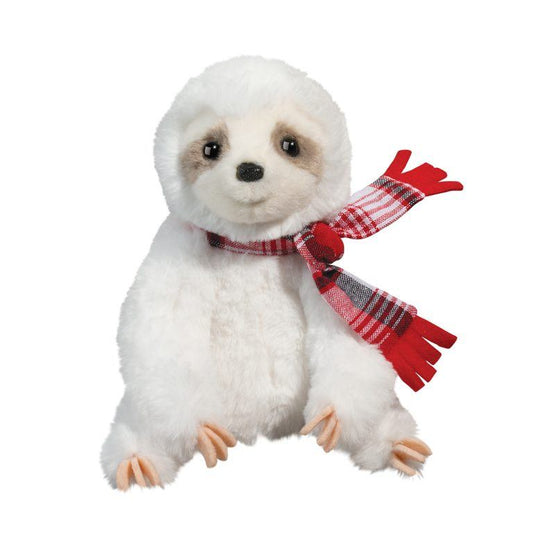 White Douglas sloth with plaid winter red scarf accessory