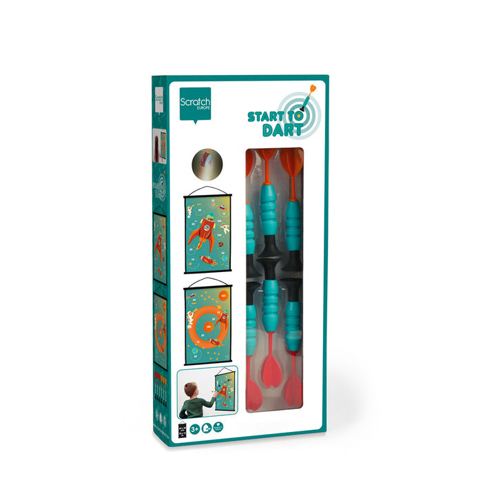 Magnetic Darts SPACE - Large-Toys-DAM-Put yourself and your friends to the challenge and try to score as many points as possible! The darts stick firmly to the plastic canvas, and you get double the fun, because the dartboard is printed front and back with lovely drawings. The six rubber darts with their ultra-flexible suction cups are easy for young hands to throw thanks to their size and shape, and what’s more, they are very light in weight too. Completely safe for children to play because the darts have