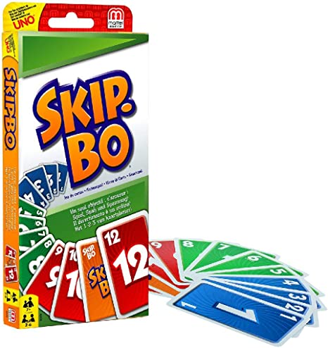Skip-Bo card game packaging with multiple colored cards displayed in front of the box.