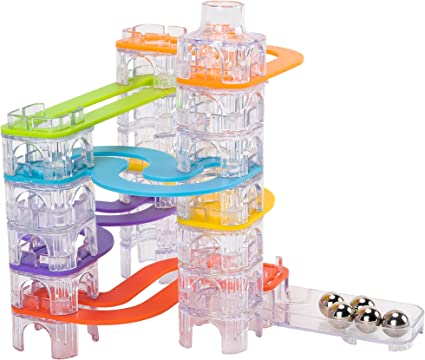 A colorful marble-run track set with multiple levels and clear tubes through which marbles are rolling. The set appears to be made of high-quality plastic with visible gears and wheels inside the transparent sections.