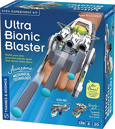 Packaging for Thames & Kosmos Ultra Bionic Blaster, showing the toy blaster glove and foam darts, with text describing the product as a STEM experiment kit.