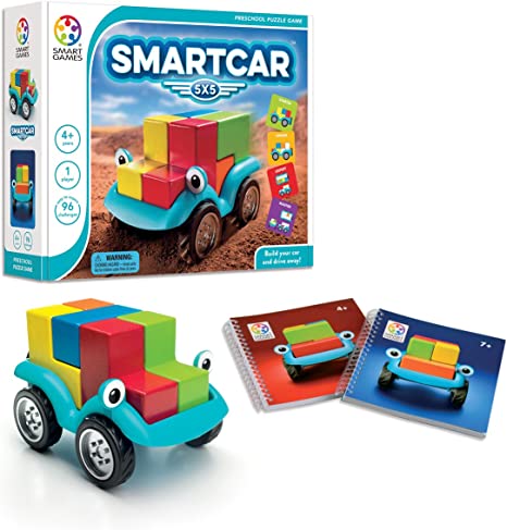 Smart Car 5 x 5 Wooden Cognitive Skill-Building Puzzle Game, including the wooden car with colorful blocks, instruction booklet, and packaging box.