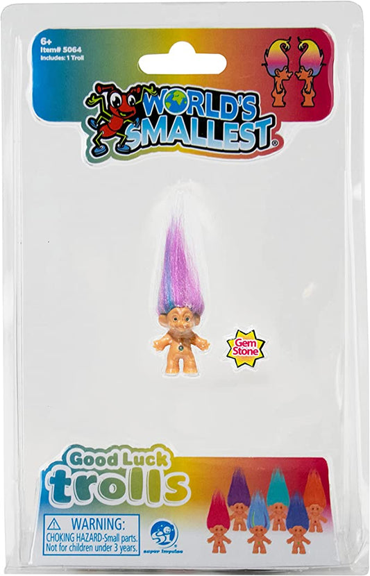 Packaging of the World's Smallest Good Luck Trolls with one visible figurine with purple hair and a good luck gemstone in its belly.