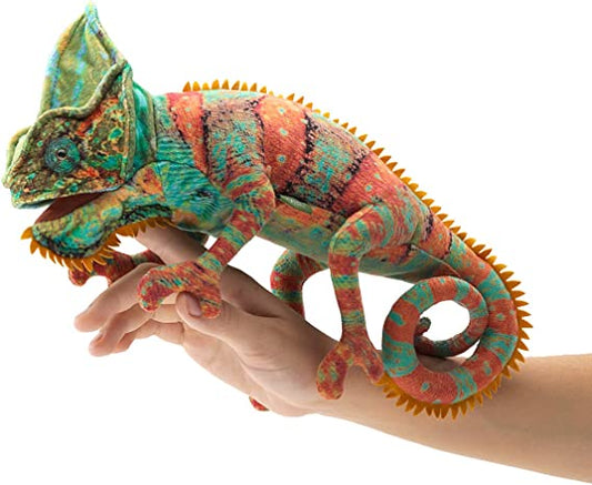 A hand puppet of a small multicolored chameleon with realistic details.