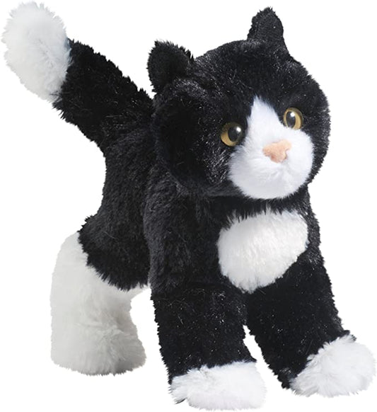 A plush stuffed toy resembling a black and white cat with a realistic stand up pose, featuring soft fabric and a flocked pink nose.