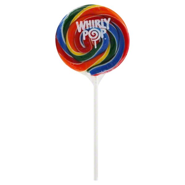 A large, three-inch multicolored lollipop on a stick, with the brand name 'Whirly Pop' displayed.