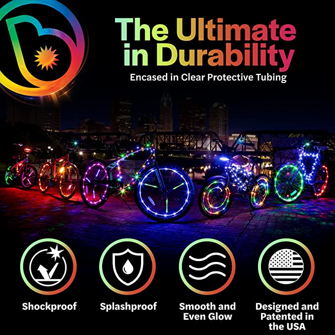 WHEEL BRIGHTZ- RAZZEL DAZZEL-Toys-Brightz Ltd-About this item GET YOUR GLOW ON – Designed with a full 7-feet of weather-resistant tubing and 20 micro LED lights these bicycle wheel lights for front and rear wheels create a brilliant, colorful glow that lights up the night with dazzling spinning colors PERFECT FOR ALL AGES – Each 7-foot long strand can easily fit bike wheels 20 inches - 29 inches. Wheelbrightz can be cut to size or spiraled within the wheel to help you create a clean, precise fit. Wheelbrigh