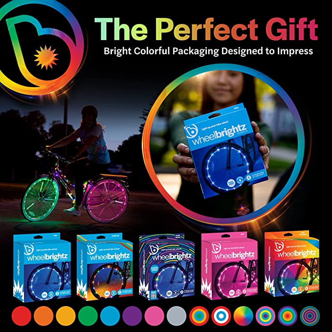 Packaging of Wheel Brightz bike wheel lights showing the product in use on a bicycle with colorful lights, and various color options for the lights displayed.