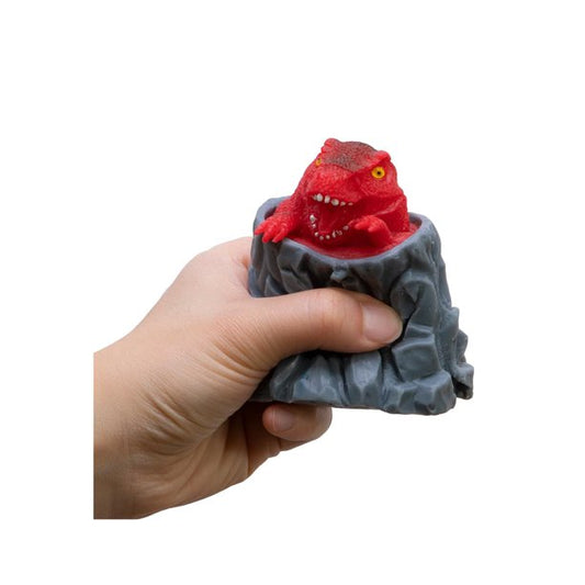 Red dinosaur pop up squishy toy peaking up from grey volcano