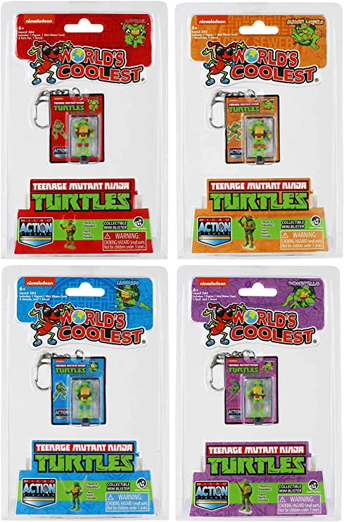 A set of packaged Teenage Mutant Ninja Turtle toys, each approximately 1.25 inches tall, displayed in individual blister packs.
