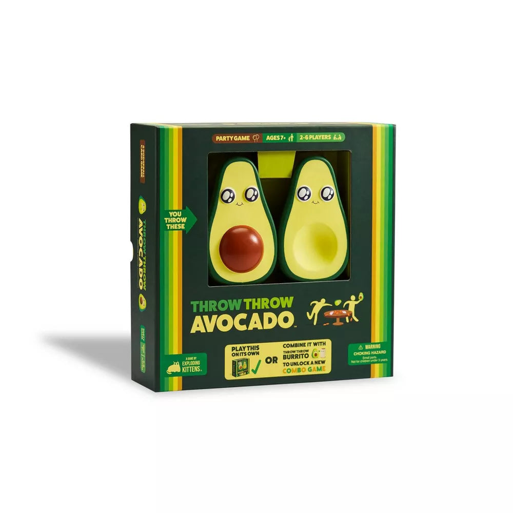 The product image shows the 'Throw Throw Avocado' game packaged in a box with a green and yellow color scheme. The box features illustrations of two soft avocados with facial expressions and the text 'THROW THROW AVOCADO'.