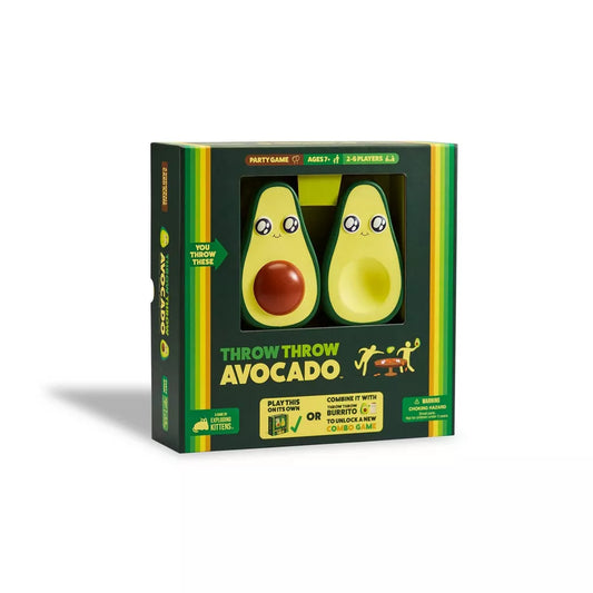 The product image shows the 'Throw Throw Avocado' game packaged in a box with a green and yellow color scheme. The box features illustrations of two soft avocados with facial expressions and the text 'THROW THROW AVOCADO'.