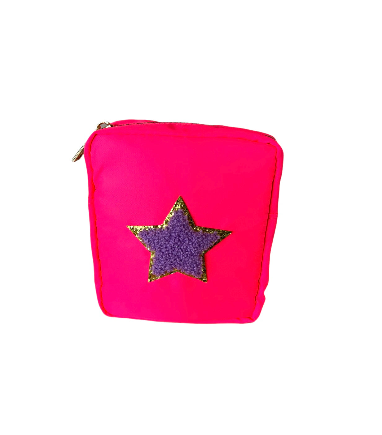 Pink Varsity Star bag travel pouch with purple and gold star patch