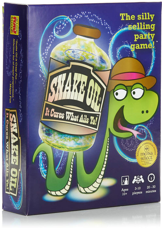 The product image features the board game 'Snake Oil' in its packaging. The box displays a vibrant illustration of a green snake oil bottle with a playful monster's face in a hat, set against a sparkling blue background.