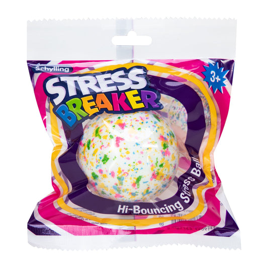 A packaged Stress Breaker toy with a splattered paint effect, resembling a Jawbreaker candy, displayed in front of a pink and yellow packaging with the text 'Hi-Bouncing Stress Ball'.
