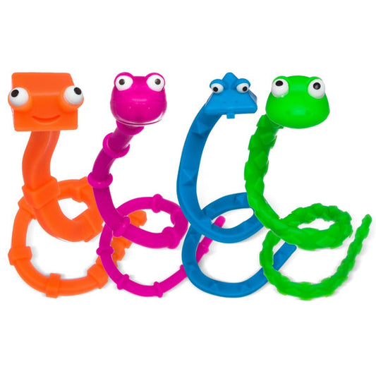A set of four colorful, bendable silicone toys shaped like snakes with adorable faces, in orange, pink, blue, and green.