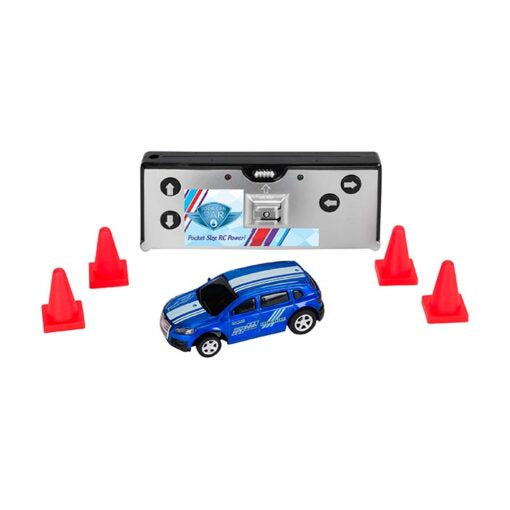 A blue remote-controlled soda can car is shown with accompanying red cones and a remote control.