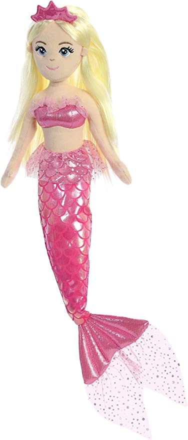 A plush doll of a mermaid named Angela with blonde hair, wearing a pink outfit and a crown.