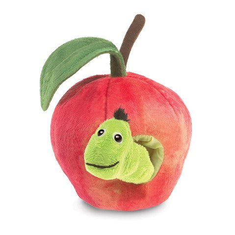A plush puppet designed as a worm hiding inside an apple with a green head and brown eyes, primarily red and green in color.