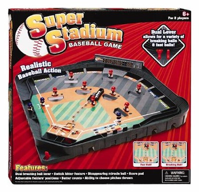 Packaging for the Super Stadium Baseball Game board game, showing the game board, pieces, and players.