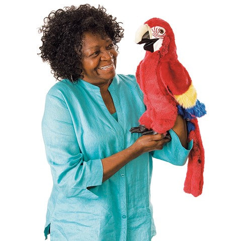 SCARLET MACAW-Toys-Folkmanis-Parrot lovers will caw over this handsomely colored Scarlet Macaw puppet. Easier to teach than the real thing, his vocabulary can be polite or as bold as his colors! Hand enters from under the tail to animate the beak and body.-Kidz Toys