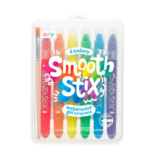 A set of six Smooth Stix watercolor gel crayons in a variety of colors, displayed in their packaging with a brush included.