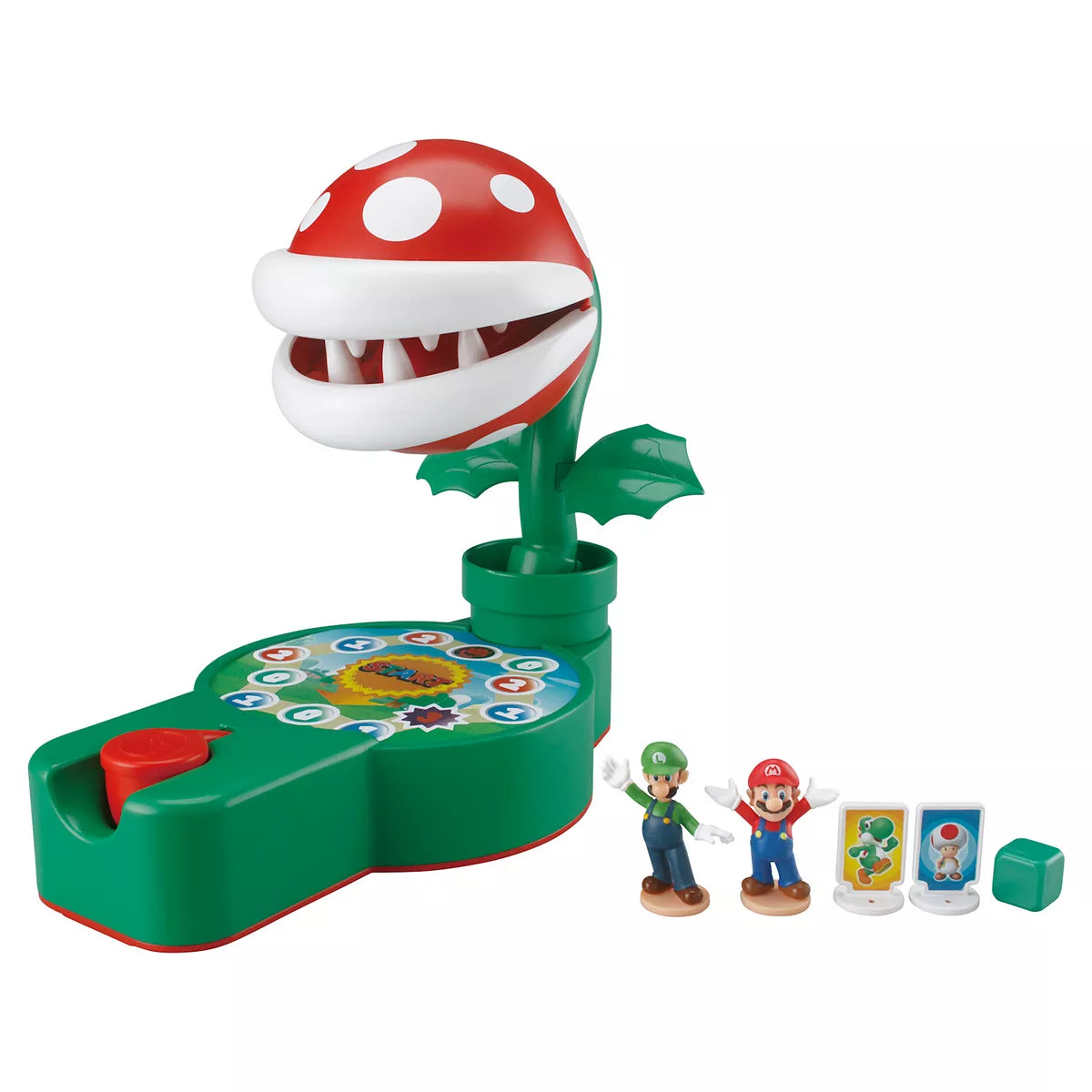 Super Mario Piranha Plant Escape!-Toys-Epoch-PRODUCT FEATURES Super Mario Tabletop Piranha Plant Escape! Game from Epoch, Multiplayer Family Game for Ages 4+ Detailed Super Mario Action Figures include Mario and Luigi Game includes easy-to-assemble Piranha Plant game board, 2 unique Super Mario Action Figures, 2 character plates and die Figures from the Piranha Plant Escape! are compatible with other Epoch Super Mario Games including Balancing Games and Blow up! Shaky Tower Roll the die to determine how man