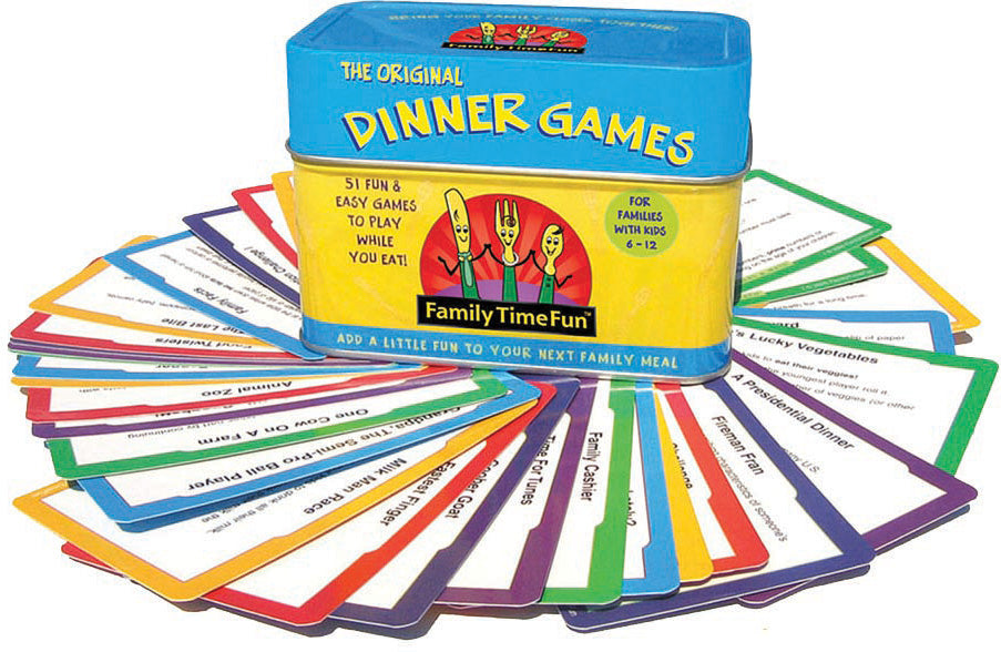 A collection of colorful game cards from 'The Original Family Dinner Games' with various game titles displayed around a central box.
