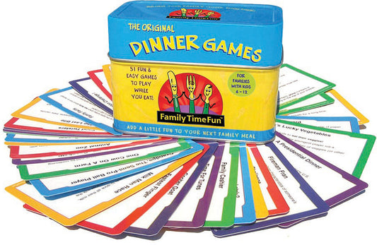 A collection of colorful game cards from 'The Original Family Dinner Games' with various game titles displayed around a central box.