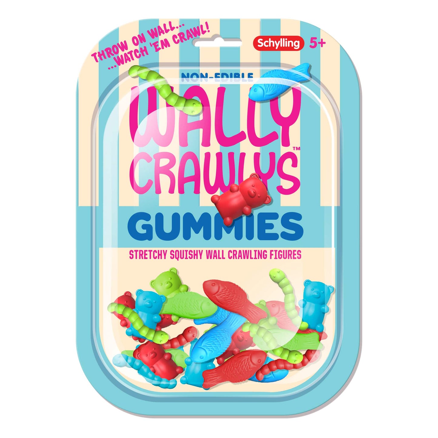 Packaging of Wally Crawly Gummies toy featuring various colorful stretchy figures designed to crawl on walls.