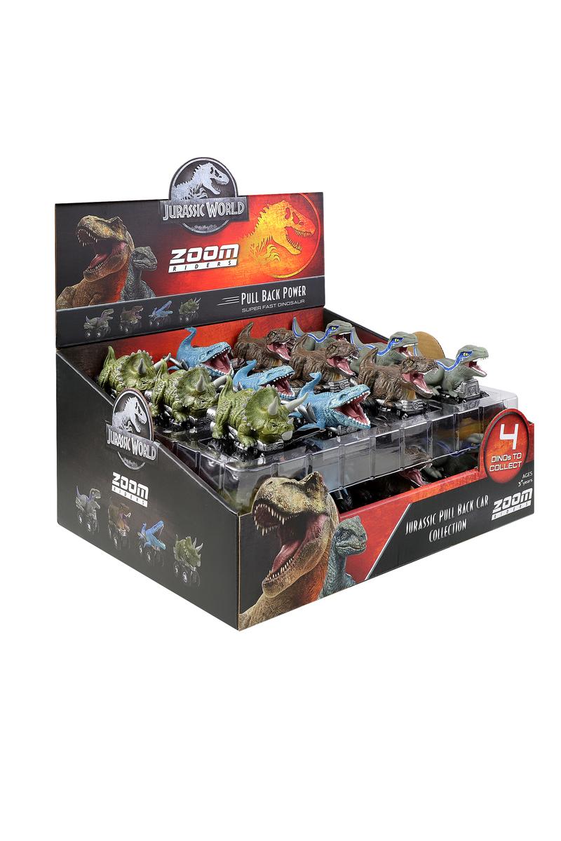 Jurassic World Zoom Riders-Toys-License 2 Play Toys LLC-urassic World Zoom Riders in 24pc CDU Jurassic World Zoom Riders are epically detailed pull-back powered cars! Featuring thick tread, all-terrain wheels, and Jurassic World iconic hub caps – perfect for race & battle play! There are 9 ferocious dinosaur species to collect. Just pull them back and watch them zoom to see which dinosaur wins the race! Age 3-Kidz Toys