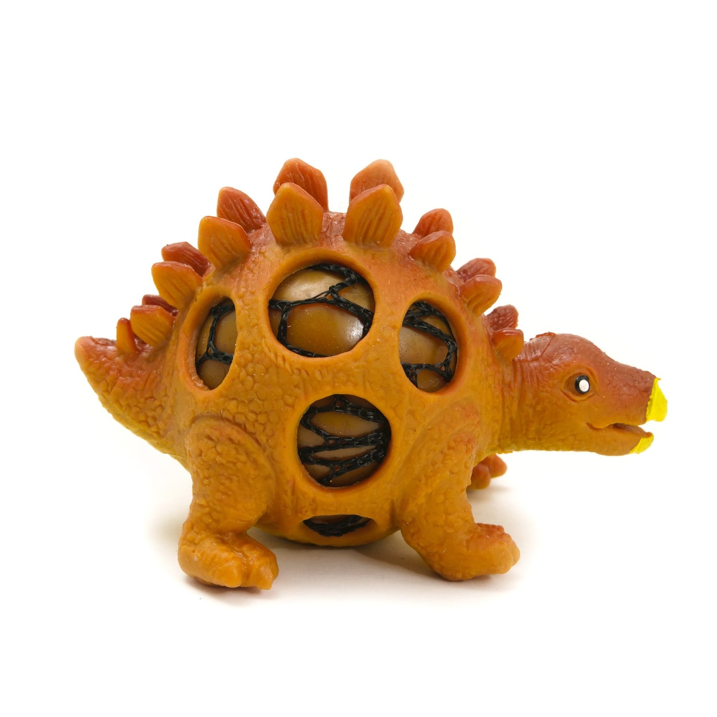 A orange and yellow stress ball toy in the shape of a dinosaur, specifically a Squish-a-Saurus, with holes on its back.