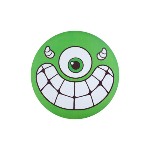 A green flying disc with a cartoonish character face printed on it, including eyes and teeth details.