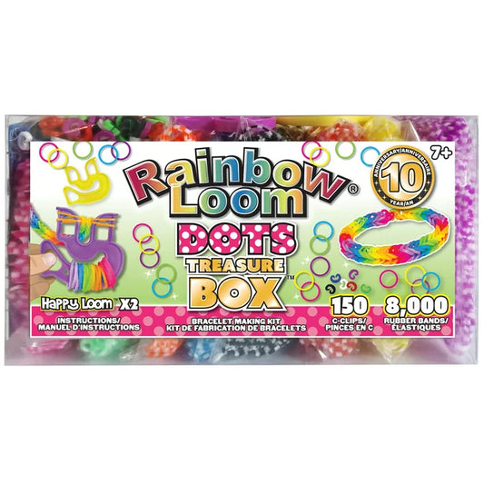 Packaging of Rainbow Loom Dots Treasure Box with various colorful rubber bands and clipart displayed on the cover.