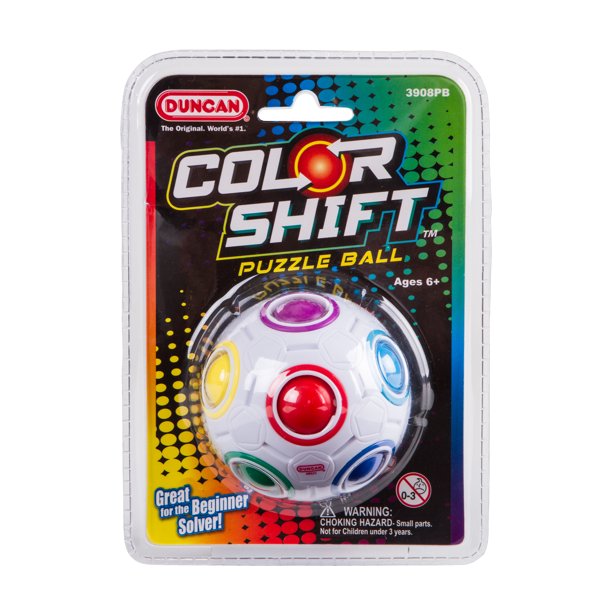 Duncan Color Shift Puzzle Ball-Toys-Duncan-Duncan Brain Game 5x Color Shift Great for the beginner solver! Challenge your solving skills while having loads of fun! The Color Shift Puzzle Ball can be solved by matching all of the colored balls with their corresponding colored rings. There are 12 holes with only 11 filled with a colored balls. Utilize the empty hole to shift balls around to find their matching hole. Once all balls match their colored outer rings, the puzzle is solved! Colorful and fun, a grea