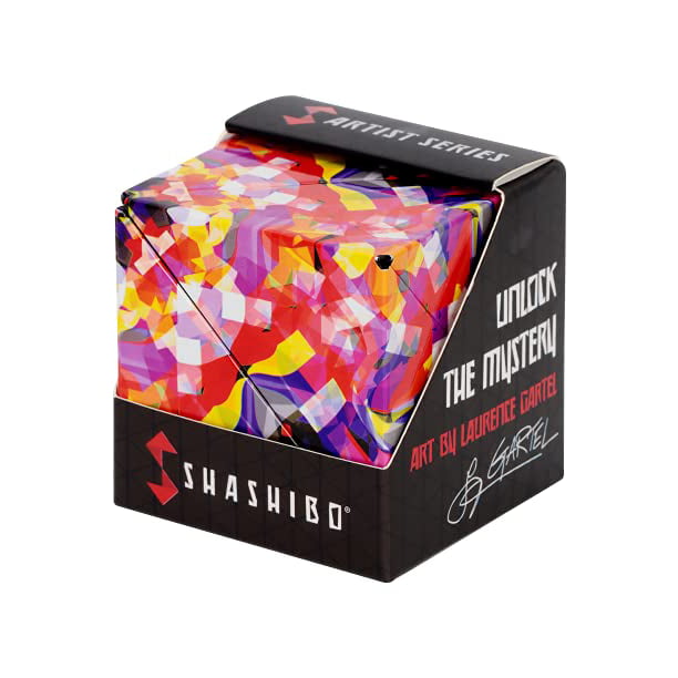 A multicolored geometric puzzle toy called SHASHIBO CUBE-CONFETTI, displayed in its packaging.