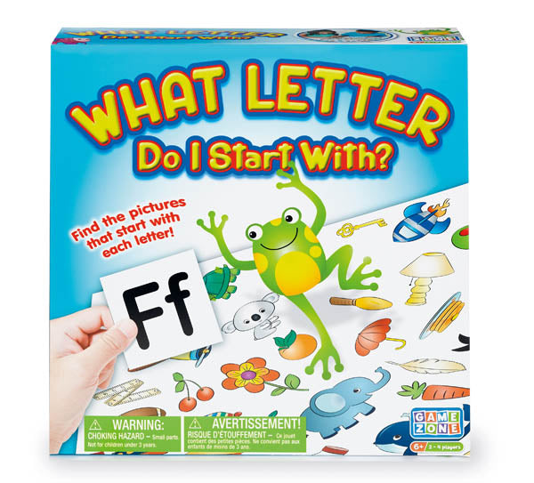 Packaging for the board game 'What Letter Do I Start With?' featuring a green frog and various game pieces like letters, fruits, and animals.
