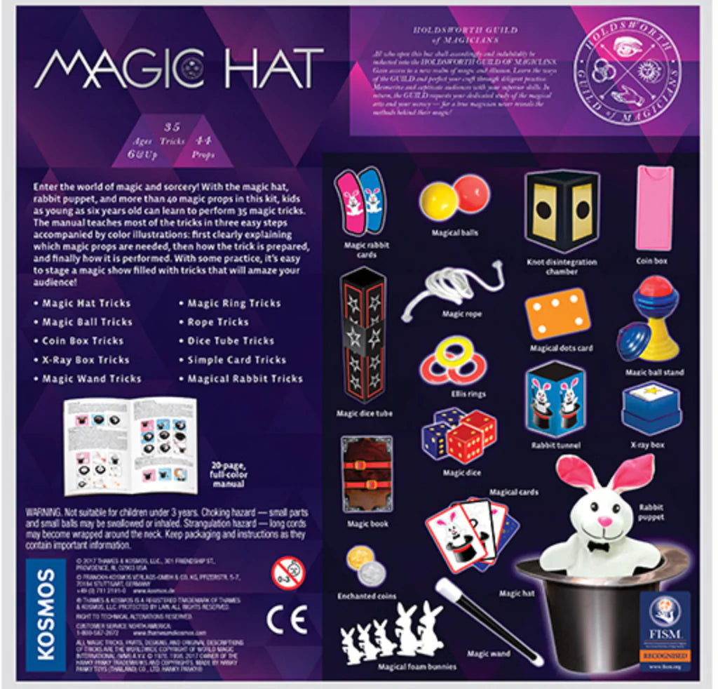 Magic Hat-Thames & Kosmos-Enter the world of magic and sorcery! With the magic hat and rabbit puppet, as well as more than 40 other magic props, kids as young as six years old can learn and perform 35 magic tricks. The manual teaches most of the tricks in three easy steps accompanied by color illustrations, first clearly explaining which magic props are needed, then how the trick is prepared, and finally how it is performed. With some practice, it becomes easy to stage a magic show filled with fun and succe