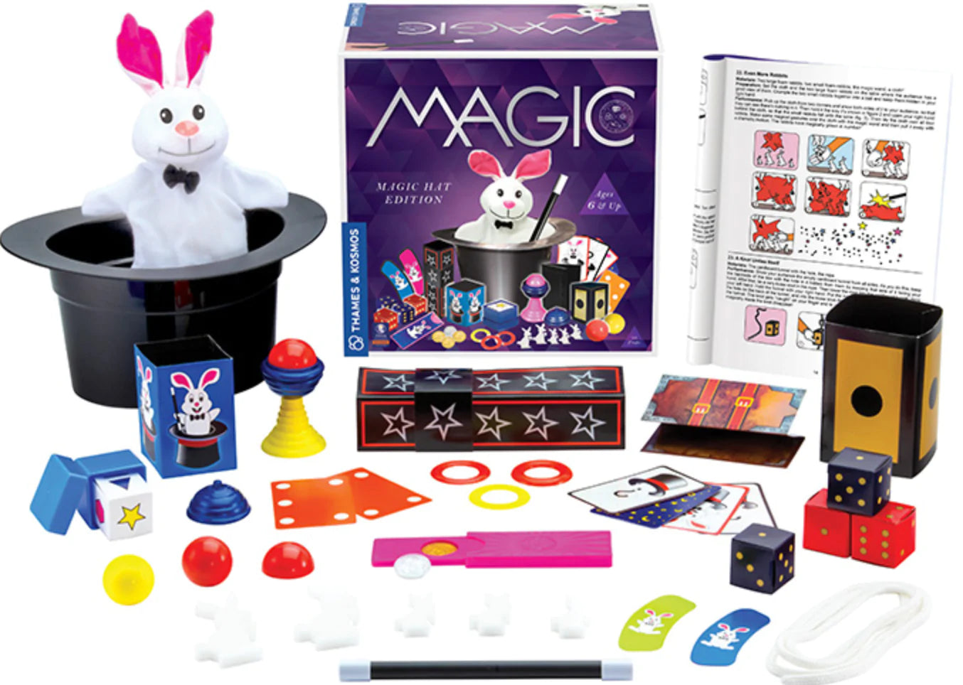 Magic Hat-Thames & Kosmos-Enter the world of magic and sorcery! With the magic hat and rabbit puppet, as well as more than 40 other magic props, kids as young as six years old can learn and perform 35 magic tricks. The manual teaches most of the tricks in three easy steps accompanied by color illustrations, first clearly explaining which magic props are needed, then how the trick is prepared, and finally how it is performed. With some practice, it becomes easy to stage a magic show filled with fun and succe
