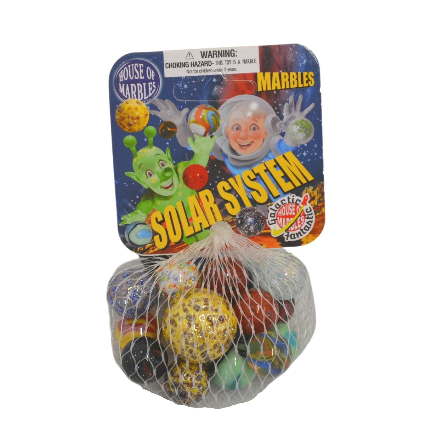 A net bag containing an assortment of marbles designed to represent different planets in the solar system, packaged with a label showing cartoon versions of the planets.