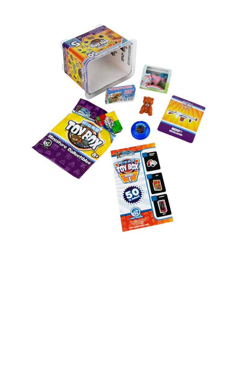 Micro Toybox - Series 1-Toys-License 2 Play Toys LLC-Introducing Micro Toy Box, a tiny box of tiny toy treasures that fit into the palm of your hand! The new line of miniature collectibles features the greatest toys of all time in the tiniest size! Series 1 includes 50 different collectible miniatures including 6 Rare and 2 Scarce finds. 50 Miniature Collectibles to collect! A surprise is inside every box! Each box contains a secret classic micro collectible toy from World’s Smallest. Collect them all! The