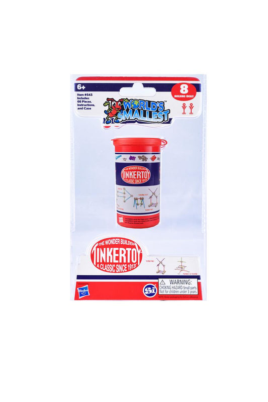 Packaging of 'World's Smallest Tinker Toys' featuring the product in a clear window with a red and blue container, and the brand name visible.