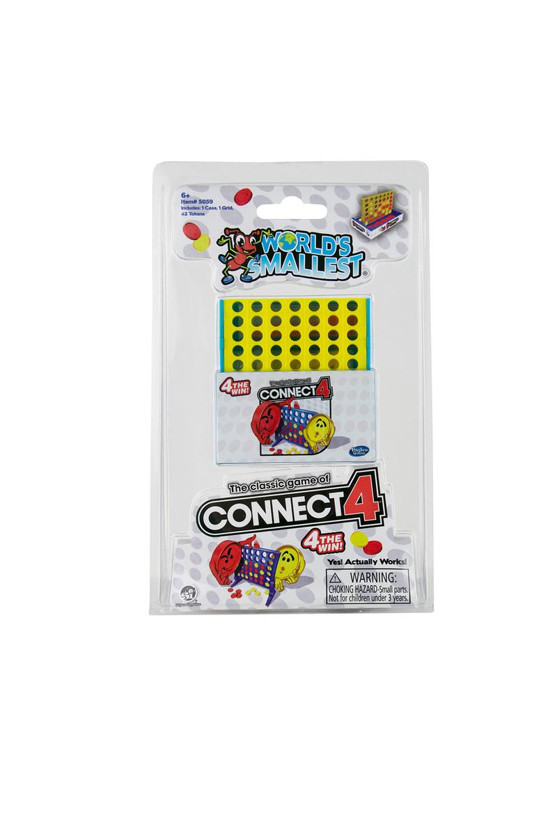 The product is a small Connect 4 game set, packaged in a clear plastic case. It includes a yellow grid board, red and yellow game discs, and the Connect 4 logo branding.