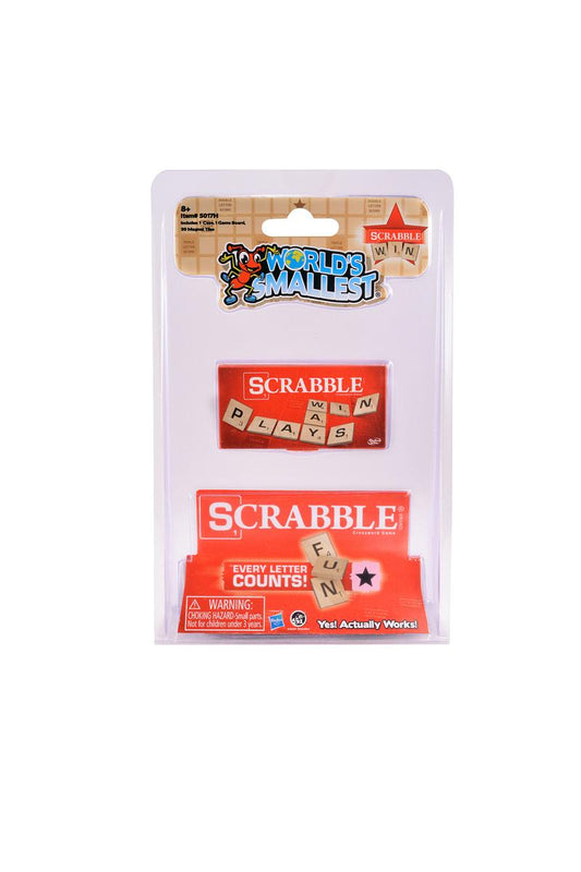 World's Smallest Scrabble game packaging displaying the Scrabble pieces and branding.