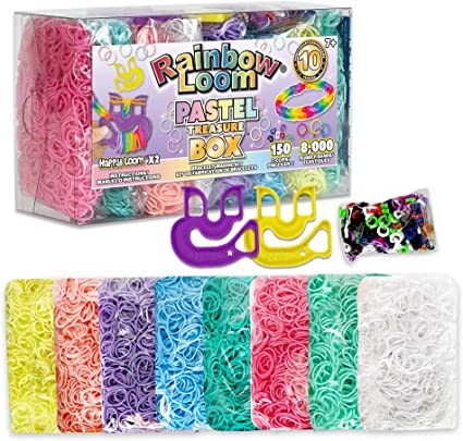 A Treasure Box Pastel containing multicolored rubber bands and loom tools, displayed on a white background.