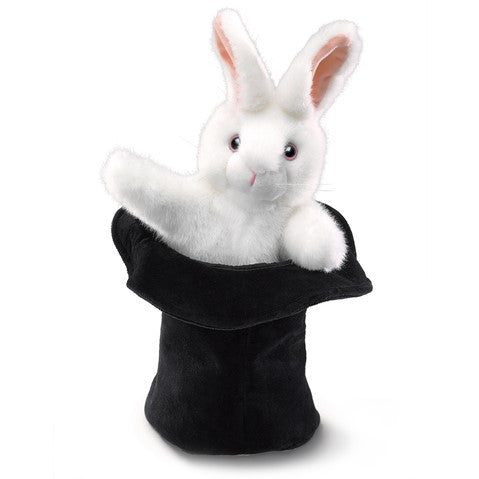 RABBIT IN HAT-Toys-Folkmanis-The magician wearing this well-traveled top hat has a few tricks up his sleeve! When you poke your hand up through the velvet hat, out pops a fluffy white bunny waving his paws and twitching his nose.-Kidz Toys